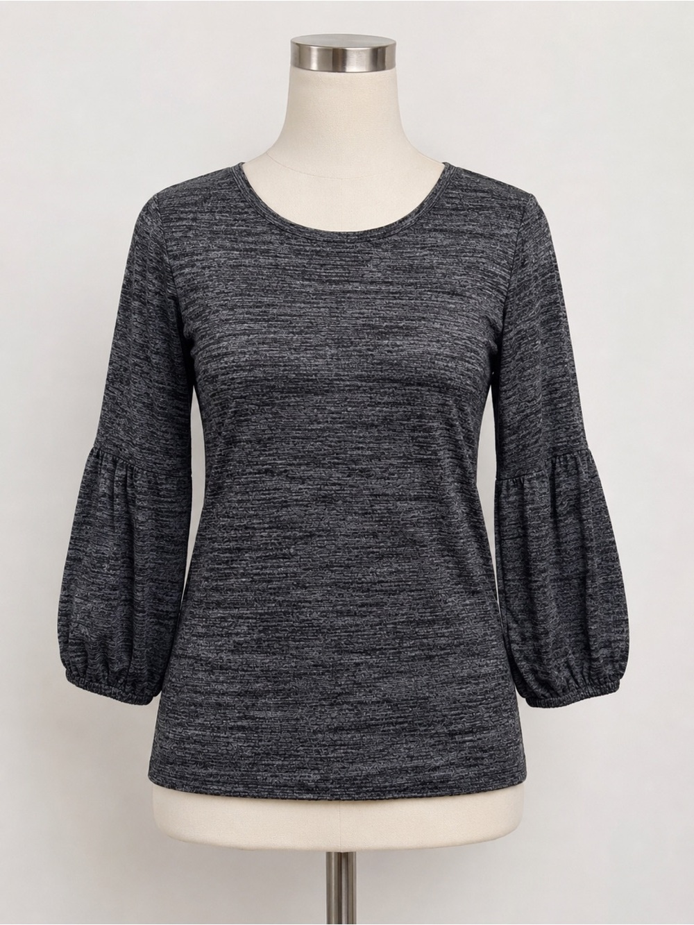 Chaus Heathered Black Gray Knit Blouse with 3/4 Puff Sleeves